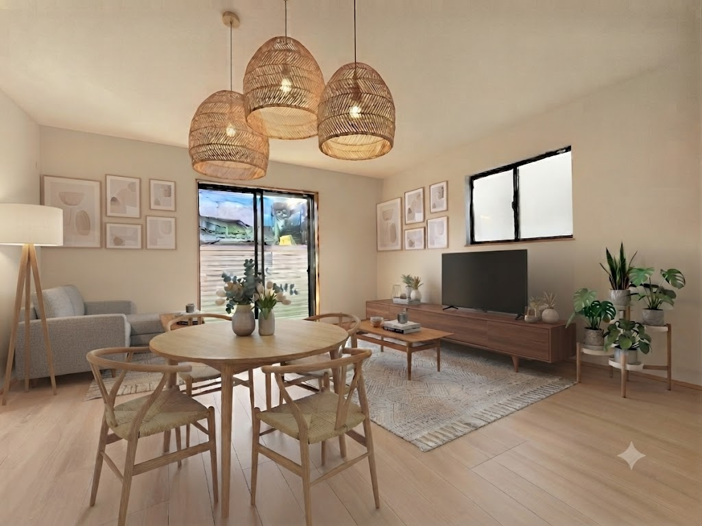 昭島市福島町2丁目　新築戸建全3棟の居間・リビング|大きなソファやおしゃれなダイニングセットなど、お気に入りのインテリアで家族団らんの時間がより一層充実して過ごせます。※家具はCGイメージです