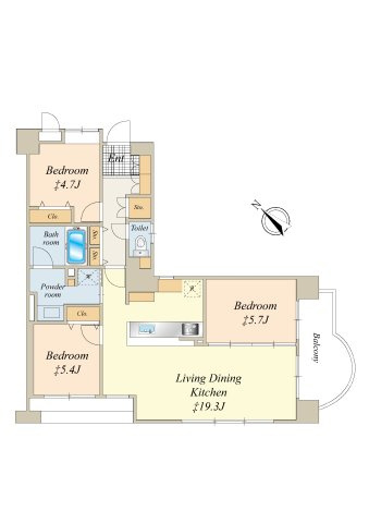 専有面積：77.24㎡・3LDK
南西南東角住戸　（フルリノベーション済み）
