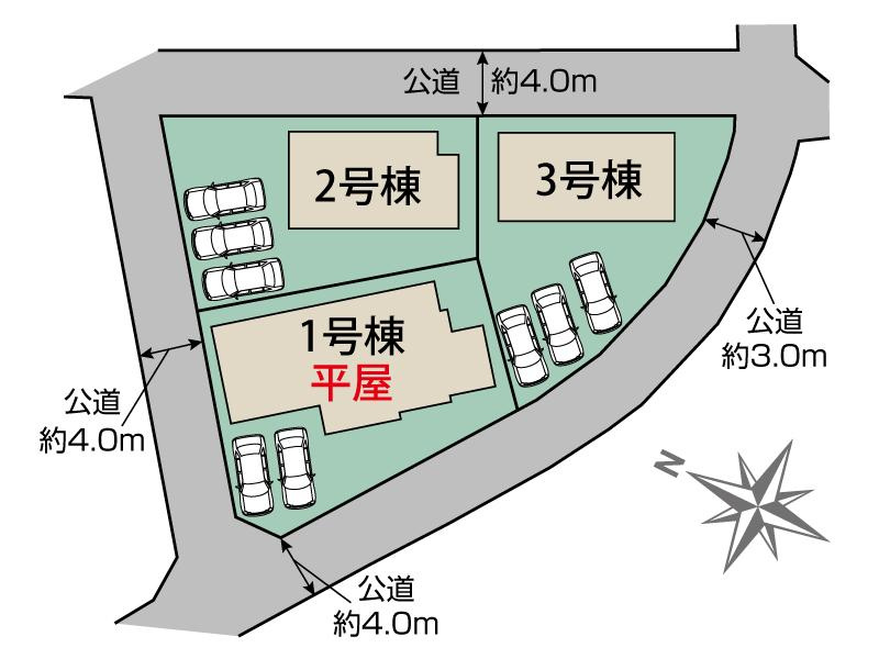 新築　前橋市駒形町　Blooming　Garden　3号棟の区画図|3号棟　区画図　北東側接道幅員約3ｍ　南西側接道幅員約4ｍ



