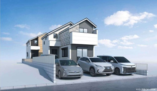 【外観パース】 | 【仲介手数料無料！！】府中市西府町3丁目　新築戸建て（全2棟）1号棟　6799万円 | 本パースは、イメージ図につき、風景、建物、植栽などについては施工後の現物との差異が生じます
つきまして本パースによって生じたいかなる損害については一切責任を負いません