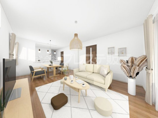 【居間・リビング】 | 奈良市法蓮町の新築一戸建 全２区画 | １号地リビング完成イメージ／ＬＤＫは広々１７帖！南向きですので、陽あたり良好です♪※モデルハウスあり