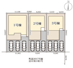 結城郡八千代町東原　新築戸建て　2号棟の区画図|カースペース並列3台可能♪庭付き！
