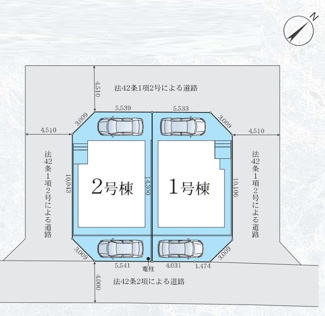 【区画図】 | 茅ヶ崎市今宿  2号棟 4期 | 2号棟　南西側・北西側約4.5ｍ各私道（持分有）・南東側約4ｍ公道　駐車2台（車種によります）　敷地面積31.8坪
