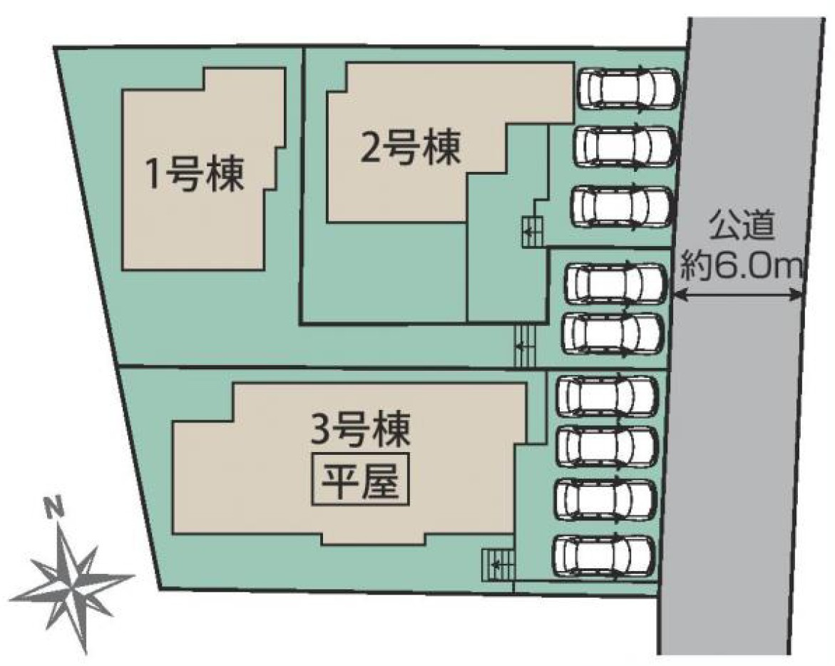 【ブルーミングガーデン】宇都宮市五代2丁目 全3棟の区画図