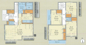 【間取り】 | 海老名市東柏ケ谷6丁目  1号棟 4期 | 都市ガス　網戸標準仕様　シャッター2箇所付　Ｗロックディンプルキー　二面バルコニー（南・西）　食洗器・浄水器　浴室乾燥機+窓　全居室収納　SIC　パントリー　LDK19.7帖　メイン洋室8帖