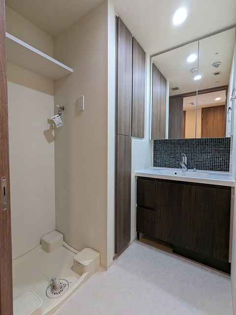 DUE入谷Ⅲの洗面所|トイレと独立した洗面室、洗面台の下にはヘルスメーターストックスペースあります、洗濯機置場のお手入れ楽な足高の防水パンに排水口を手前中央に配置