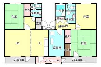 【間取り】 | 大山口住宅 | ３LDK＋家事室　トイレ、洗面所が2か所の暮らしやすい間取りです。玄関と勝手口の2か所の入口があります。