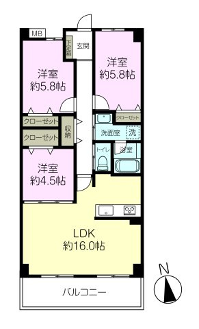 サンヴェール芦屋翠ヶ丘の間取り|専有面積約74.59㎡、バルコニー面積約8.70㎡、3LDK