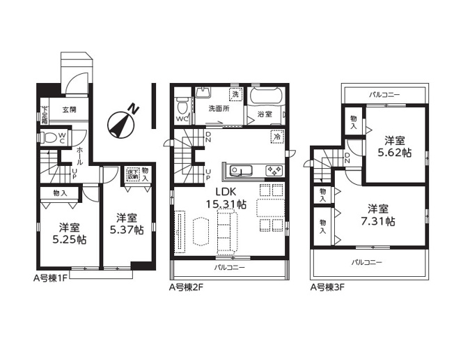 【間取り】 | 川越市清水町　新築一戸建住宅　全1棟　(ふじみ野店) | 採光・通風に配慮された3階建て4LDKの間取り。水回り集中設計で家事効率も良好です。※図面を基に作成しています。現況と異なる場合は現況を優先いたします。