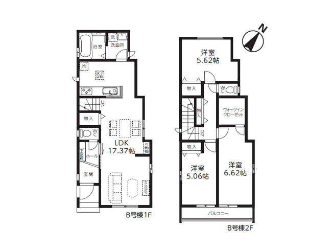 【間取り】 | 富士見市鶴瀬西3丁目　新築一戸建住宅　全2棟　(ふじみ野店) | B号棟/対面式キッチンとリビングイン階段採用でご家族の仲が自然と深まる住まい。水回りが集中し家事も効率的に進みやすいです！※図面を基に作成しています。現況と異なる場合は現況を優先いたします。