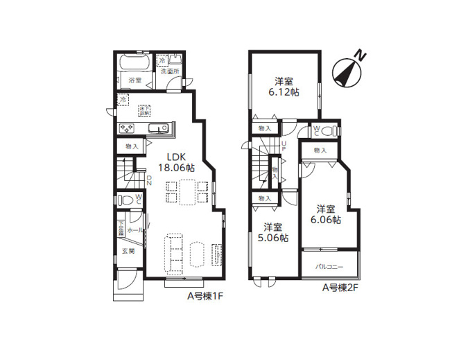 【間取り】 | 富士見市鶴瀬西3丁目　新築一戸建住宅　全2棟　(ふじみ野店) | A号棟/対面式キッチンとリビングイン階段採用でご家族の仲が自然と深まる住まい。水回りが集中し家事も効率的に進みやすいです！※図面を基に作成しています。現況と異なる場合は現況を優先いたします。