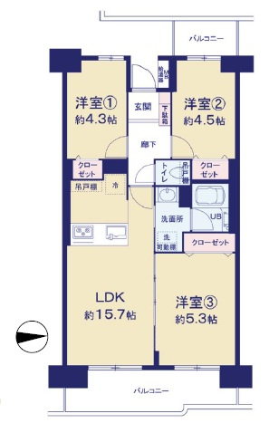 ベルヴィル大宮A棟の間取り|家族の繋がりを感じる約15.7帖の広々LDKを中心とした3LDK。全居室にクローゼットを備え、家族の荷物もスッキリ片付きます。東向きバルコニーからは明るい朝日が差し込み健康的な1日をスタートできます。