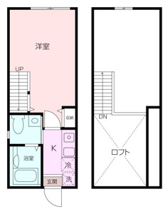 大型ロフト付きの１Kタイプ。ロフトへの昇降は階段です。