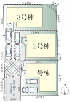 【区画図】 | 大和市福田8丁目  2号棟 12期 | 2号棟　旗竿地（間口約2ｍ）　南側約4ｍ位置指定道路（私道・持分有）　駐車2台（車種によります）　敷地面積33.4坪（路地状部分含む）　※協定地有　※未利用地持分有