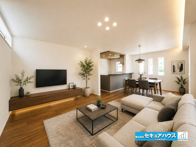 【本日ご案内可能】日進市米野木町　全1棟の居間・リビング|【リビングに家具を配置したイメージ図】
◆21.5帖の広々リビングのため、大きなソファや家具を配置することが可能です♪シンプルなデザインのリビングのため好きなテイストの家具を配置することができます。　