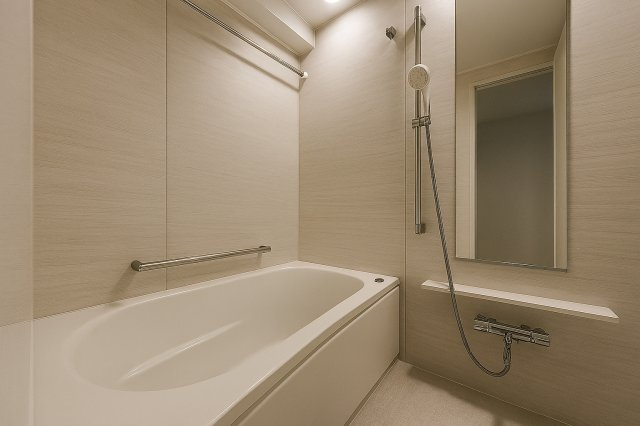 サングリーン西川口の浴室|家族みんなの疲れをやさしく包み込む、広々とした癒しのバスルーム。ゆったりとくつろげる空間で日々のストレスも解きほぐされる、心身ともにリラックスできるひとときを。※AIによる画像加工を行っています。