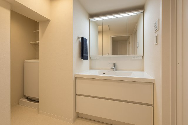 サングリーン西川口の独立洗面台|明るい洗面スペースは、使いやすさを追求した設計です。忙しい朝も快適に笑顔がこぼれるひとときを叶えます。毎日の身支度がスムーズに整う、家族みんなに優しい空間です。※AIによる画像加工を行っています。