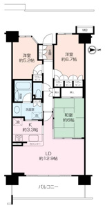 ３LDK、壁芯で75.17㎡。洗面室は廊下からもキッチンからも行き来できる２Wayの動線です。