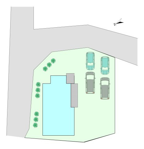 売土地　上大島町分譲地の参考プラン|こちらは建物プラン例：参考イメージ図です。
区画内の建物・駐車場・庭の配置の一例です。