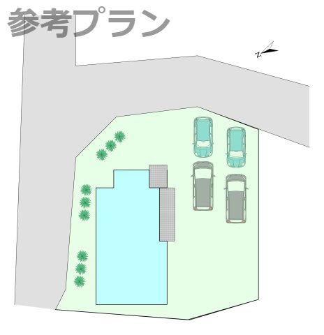 売土地　上大島町分譲地の完成予想図|こちらは建物プラン例：参考イメージ図です。
区画内の建物・駐車場・庭の配置の一例です。