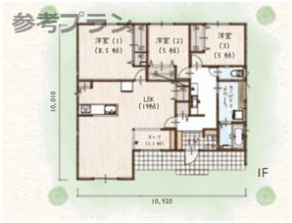 売土地　上大島町分譲地の参考プラン|こちらは建物プラン例：参考イメージ図です。
3LDK
建築面積/102.68㎡（31.06坪）
延床面積/96.05㎡（29.06坪）
建築条件なし、お好きなプランで建てられます。