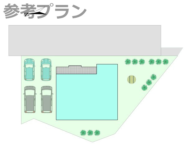売土地　上大島町分譲地の完成予想図|こちらは建物プラン例：参考イメージ図です。
区画内の建物・駐車場・庭の配置の一例です。