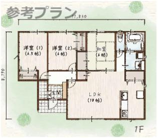 売土地　上大島町分譲地の参考プラン|こちらは建物プラン例：参考イメージ図です。
3LDK
建築面積/87.77㎡（26.55坪）
延床面積/85.29㎡（25.80坪）
建築条件なし、お好きなプランで建てられます。