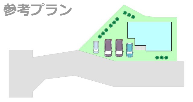 売土地　上大島町分譲地の完成予想図|こちらは建物プラン例：参考イメージ図です。
区画内の建物・駐車場・庭の配置の一例です。
