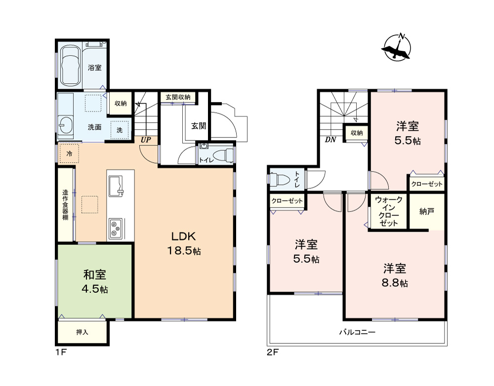 ふじみ野市福岡中央２丁目の新築一戸建の間取り|LDKゆったり18.5帖！対面キッチンはリビングイン階段を配したふれあいの住まい♪