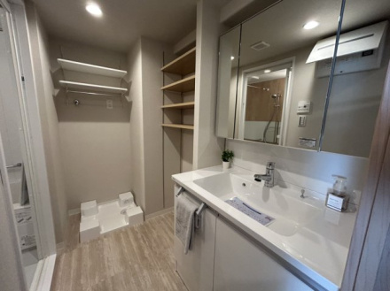 ハイツ越谷の独立洗面台|朝の支度にも助かる、独立の洗髪洗面化粧台