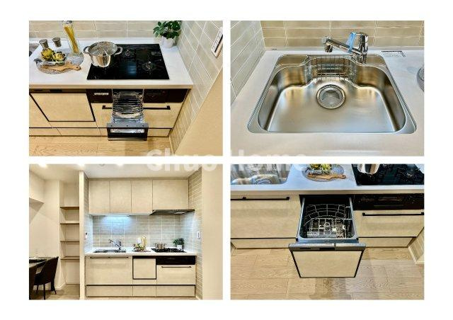 日商岩井宇喜田マンションのキッチン|【システムキッチン】ワイドで収納豊富な使い勝手の良いシステムキッチンには、食洗器や伸縮タイプのキッチン水栓、三ツ口コンロ・魚焼きグリルなどの便利な設備が標準完備されています。