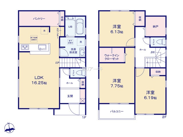 豊明市阿野町新切45番地1『仲介手数料無料』新築一戸建て・建売の間取り|　2号棟　1F:LDK16.25帖！パントリー　CL設置！キッチンカウンター♪ホール収納♪2F:主寝室7.75帖　WIC設置！洋室6.19帖・洋室6.13帖　CL設置♪ストレージルーム♪南面バルコニー