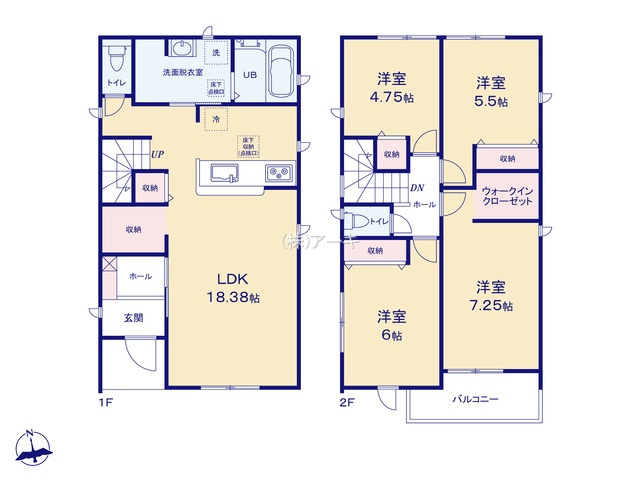 豊明市阿野町新切45番地1『仲介手数料無料』新築戸建ての間取り|　5号棟　1F:LDK18.38帖！キッチン・ダイニング収納　収納豊富♪ゆとりの洗面室♪2F:主寝室7.25帖　WIC設置！洋室6帖・洋室5.5帖・洋室4.75帖　CL設置♪南面バルコニー♪
