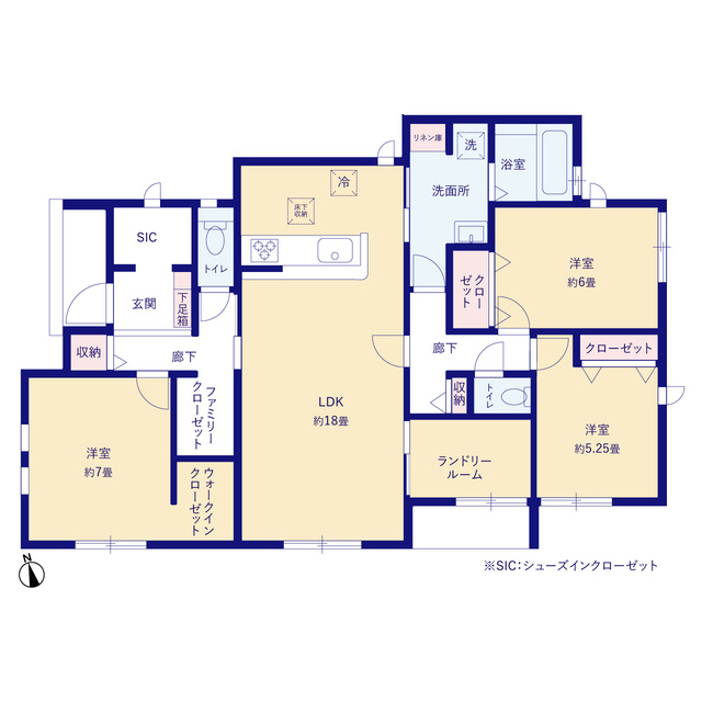 新築　太田市亀岡町3期　1号棟　GRAFAREの間取り|3LDK　建物約29坪　平屋住宅！シューズクロークやファミリークローゼットをはじめ収納が充実♪リビング広々18帖！