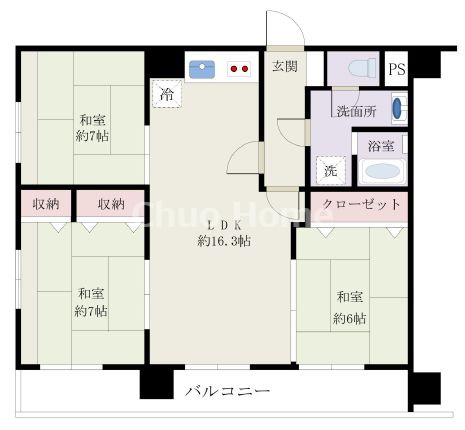 マンション道灌山の間取り|南東向き・角部屋住戸につきまして日当たり・通風良好。全室6帖以上の3LDK。
