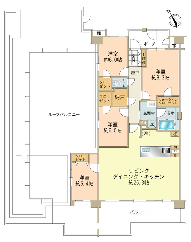 110.39㎡、ルーフバルコニー面積68㎡、バルコニー面積27.92㎡