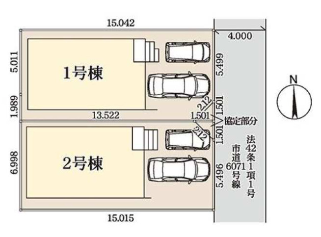 白岡市小久喜　全2棟の区画図|並列で2台分のカースペースを確保しており、毎日の車出しもスムーズ。協定部分を設けることで、開放感とゆとりある住環境を実現しました。