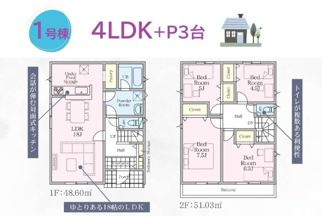 【間取り】 | ☆P3台完備☆2方道路で南側道路につき、日当り良好です♪　
全居室２面採光で、通風良好で自然光も取り込みやすいです♪