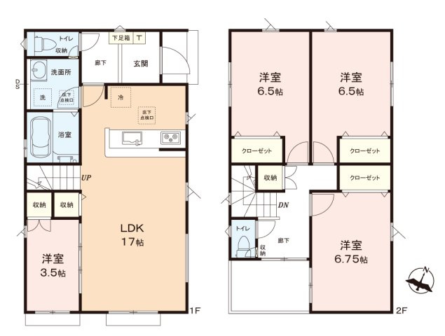 富士見市水谷東１丁目の新築一戸建の間取り|リビングイン階段を配した17帖の広々LDK！
居室を通らず出入り可能なルーフバルコニーはお洗濯ものを干すのも楽々♪
