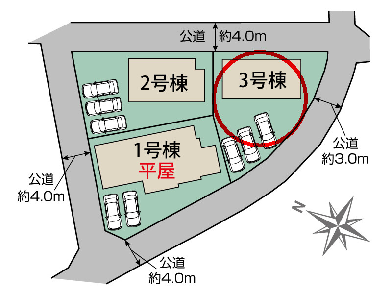 ブルーミングガーデン前橋市駒形町　3号棟の区画図|駐車場3台以上ご用意しています！並列駐車なのでお車の出し入れもしやすいです。