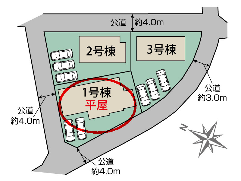 ブルーミングガーデン前橋市駒形町　1号棟（平屋）の区画図|駐車場2台ご用意しています！並列駐車なのでお車の出し入れもしやすいです。