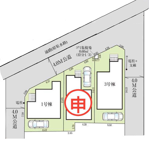 練馬区西大泉1丁目　開放的なロケーション　角地含む全3棟の区画図