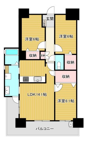 アルファスマート新居浜駅Ⅱの間取り|収納率の高さが魅力の間取り。各部屋のクローゼットに加え、廊下やリビングにも物入を設置。モノが溢れずすっきりと暮らせます。将来の家族構成の変化にも柔軟に対応できる、可変性と普遍性を兼ね備えたプランです。
