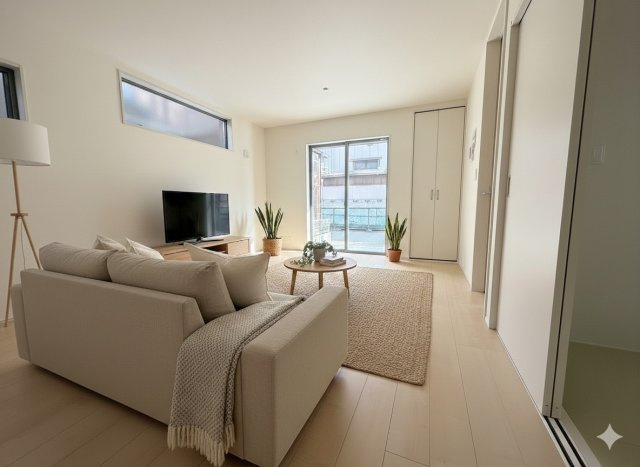 三郷市彦川戸1丁目　新築戸建　全1棟の居間・リビング|現況の物件写真にCGによる画像処理を行っています。家具、家電、小物、カーテン等はイメージはCGです。