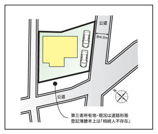 【区画図】 | 甲斐市篠原 平成20年築・オール電化中古戸建 大型吹抜・バルコニー | 敷地南西側は第三者所有地（登記簿上は「相続人不在地」）ですが、道路形態の為、角地の様相です。