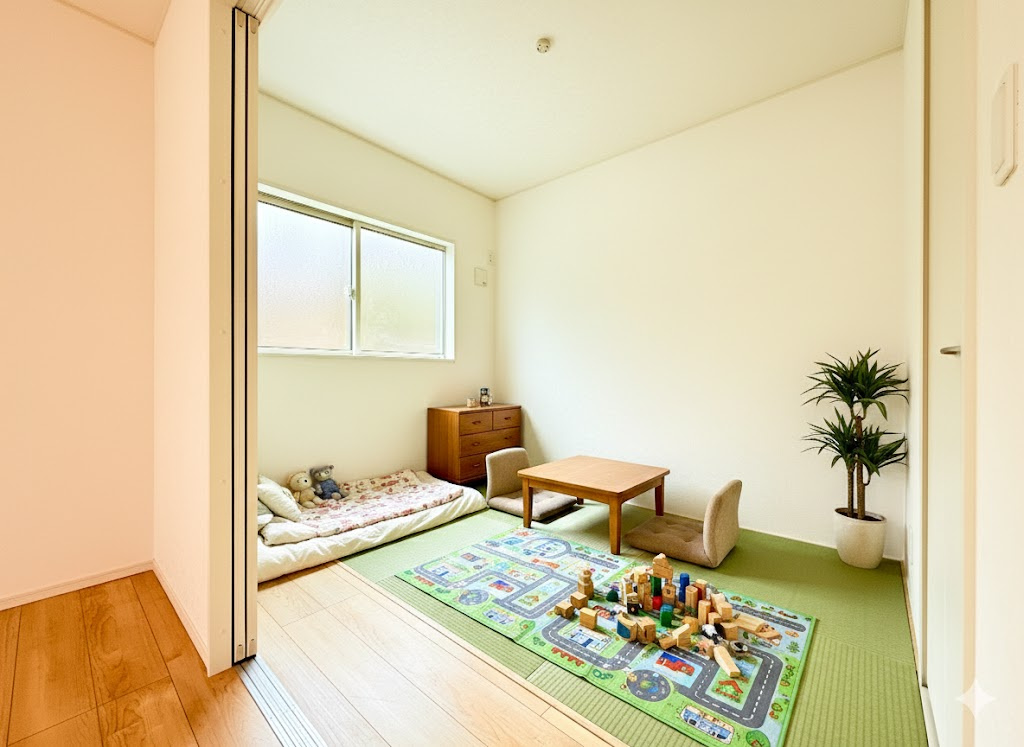 つくば市自由ケ丘第10　新築戸建て　1号棟の和室|家具や小物を合わせやすいシンプルデザイン♪
広さや日当たりなど、写真では伝えきれない部分を現地で確認してみませんか？
※家具はイメージです。
