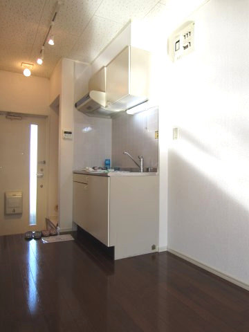 ２階角部屋：デザインリフォーム～サンシティ春日A棟～のキッチン|キッチン横には冷蔵庫のスペースあります