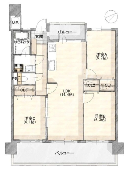 【間取り】 | サングレート井尻駅前 | フルリフォーム済で気持ちよく新生活を始められます。南西向きの明るい3LDKです