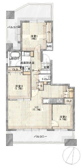 【間取り】 | ソピア大濠西 | フルリフォーム済で気持ちよく新生活を始められます。南東向きの明るい角部屋3LDKです