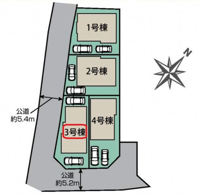 清瀬市下清戸3丁目・全4棟　新築一戸建　3号棟の区画図|【全4棟・3号棟】南西角地・カースペース2台・土地面積124.51平米（約37.66坪）